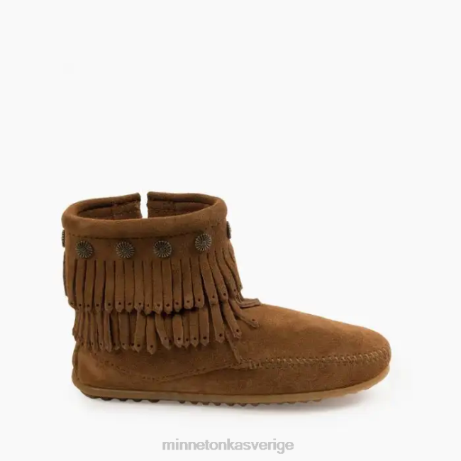 Minnetonka kvinnor dubbla fransar med dragkedja i sidan HTZ4DP22 Skodon dammig brun