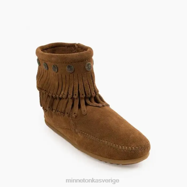 Minnetonka kvinnor dubbla fransar med dragkedja i sidan HTZ4DP22 Skodon dammig brun